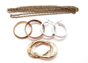 9ct hallmarked gold: chains, two bands, two pairs of earrings