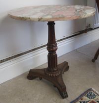 A William IV rosewood occasional/wine table with added marble top on turned and fluted column -