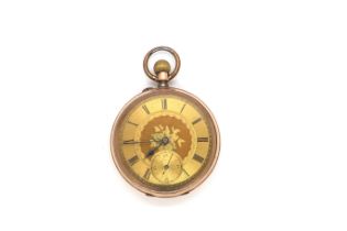 A Continental 9ct hallmarked red gold cased open face pocket watch, 5cm diameter, working in