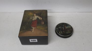 Two hand painted boxes - rectangular with milkmaid - 16.5cm x 12cm x 7cm - round with hunting scene,