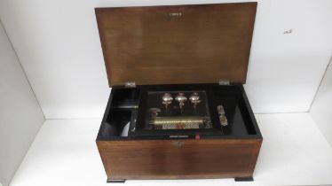 A 19th century rosewood and inlaid music box on three bells and butterflies - in working order,