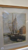 A pastel by Leslie Brown of a barge at Snape Maltings