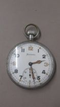 HELVETIA metal cased pocket watch. 52mm. Luminous hands. Military marking to rear. Working in