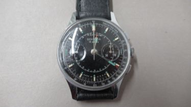 SEKONDA. Chronograph 1960's stainless steel case. 35mm Manual. Black dial. leather strap. working in