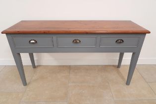 A painted pine three drawer dresser base with a stained top - Width 163cm x Depth 49cm x Height 86cm