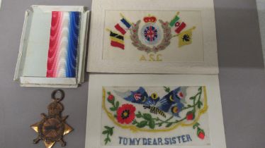 A WWI medal 1914-15 Star: ENG LT. W O'Keefe, RN and two embroidered post cards