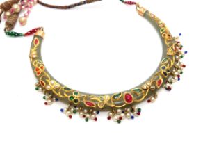 A 'Mughal' style Jade and precious stone necklace, Celadon Jade arc inlaid with yellow gold and set