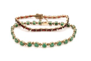 Two 9ct yellow gold hallmarked line bracelets with red garnet and emerald, total weight approx 16.