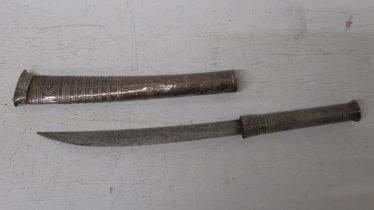 A silver mounted Burmese Dha with a curved steel blade approx 20cm, overall length approx 33cm