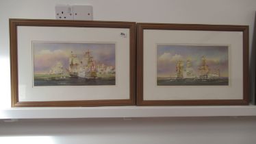 A pair of Trafalgar watercolours signed K W Burton - 58cm x 41cm