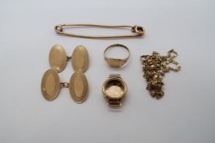 A small quantity of hallmarked 9ct gold; chain, cufflinks, ring, watch case, pin brooches, approx