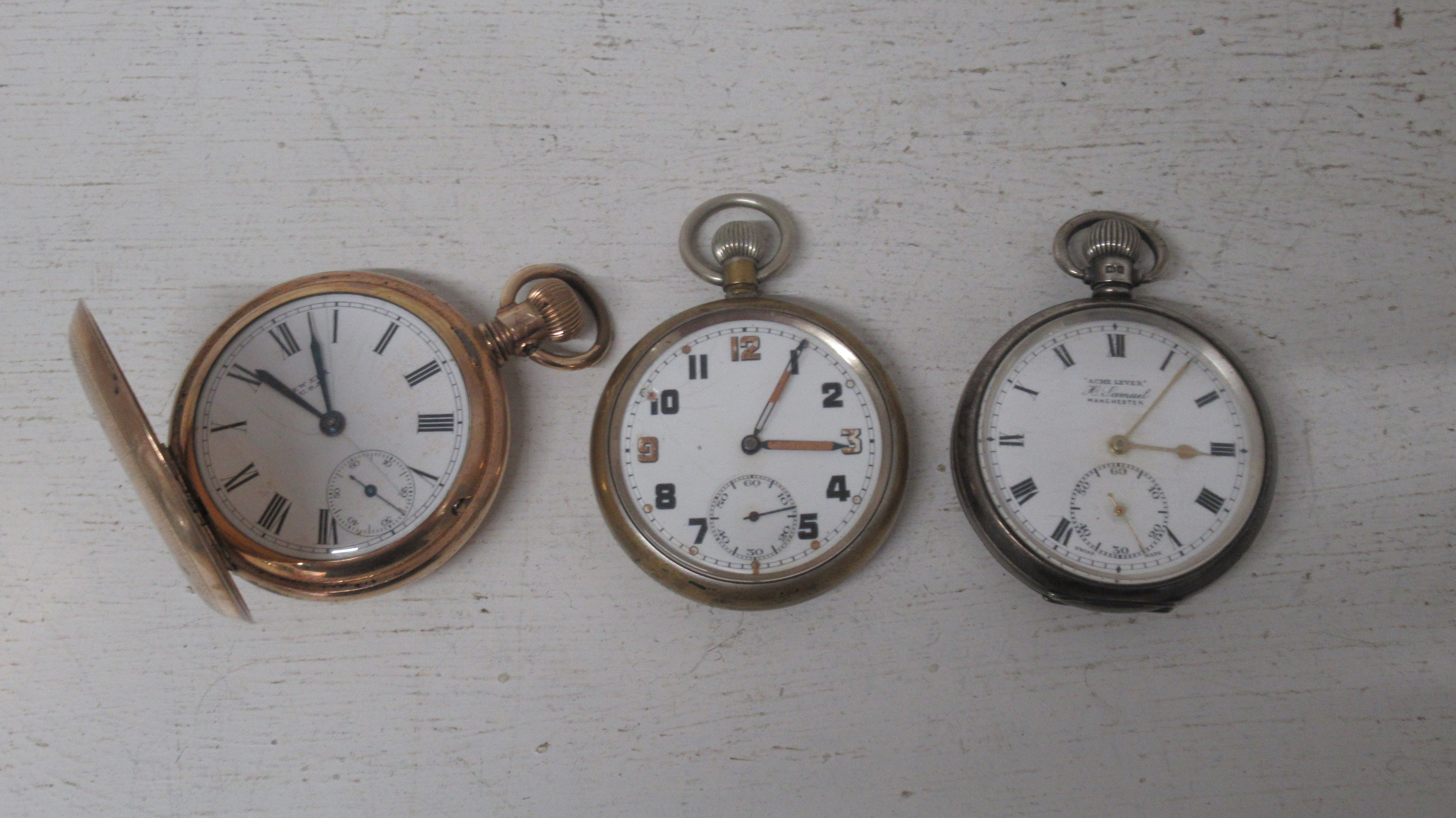 Three pocket watches; a military Brauwingtons, 5cm case; a hallmarked H.Samuel silver cased pocket