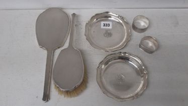A set of silver German .800 silver dishes 13cm diameter approx 17 troy oz, 2 silver napkin rings
