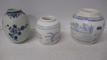 Two Chinese ginger jars, no lids and a Royal Delft vase