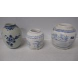 Two Chinese ginger jars, no lids and a Royal Delft vase