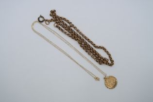 Two hallmarked 9ct yellow gold chains, 42cm and 44cm, and a pendant, approx 8 grams in total