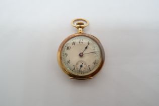A small 18ct yellow gold double cased fob watch, 2.7cm case, seen working, approx 16.4 grams
