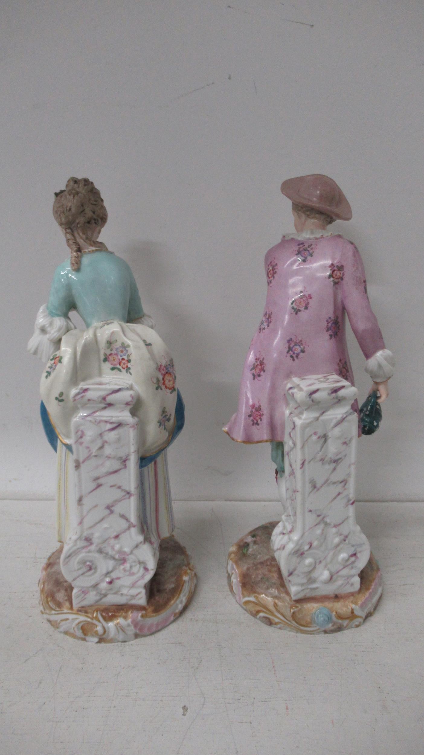 A pair of Continental porcelain figures of a Gallant & Lady - Meissen crossed swords mark to - Image 6 of 6