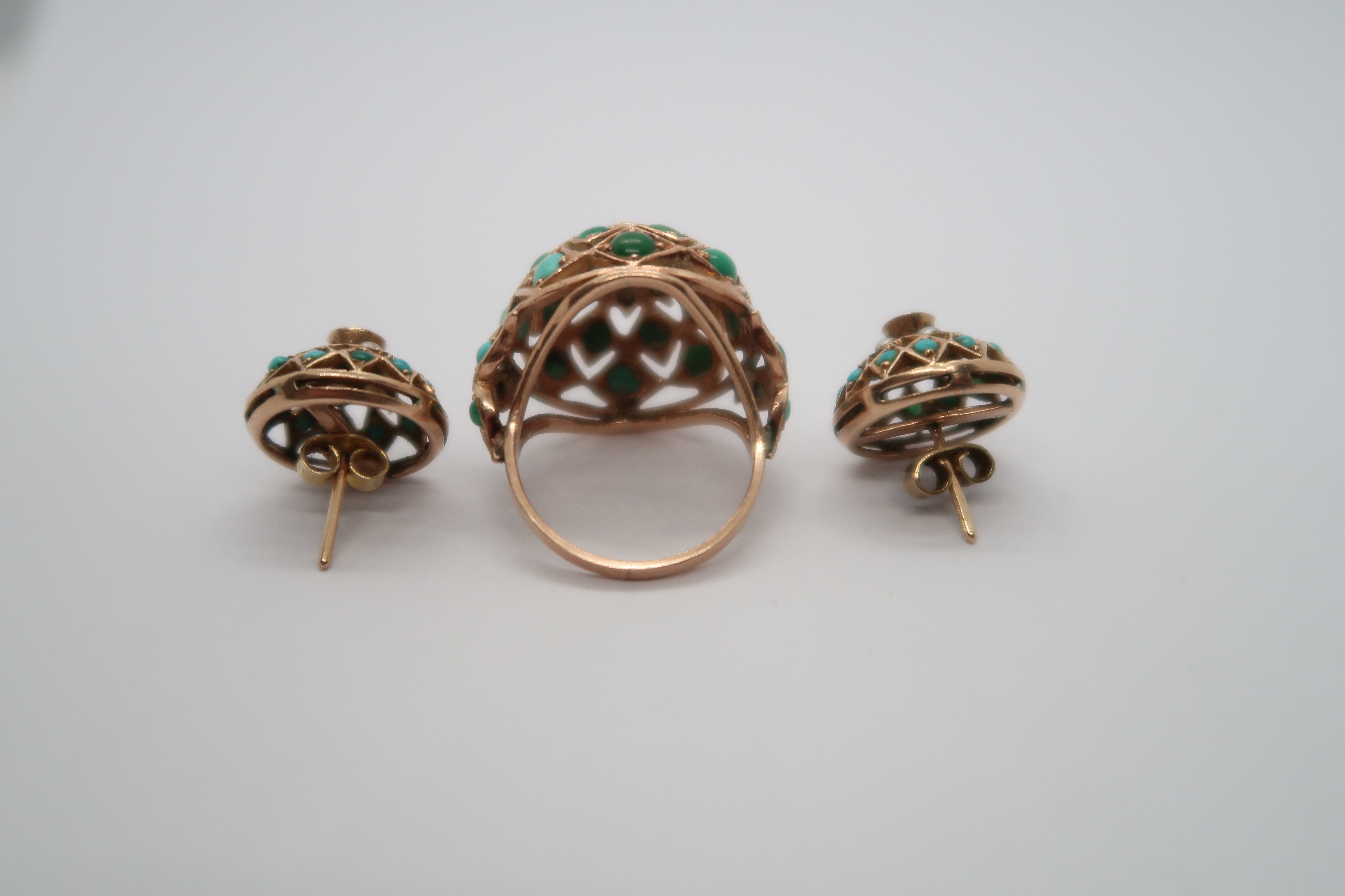 An approx 9ct (tested) turquoise cluster ring with pierced domed head - ring size N/O - together - Image 2 of 2