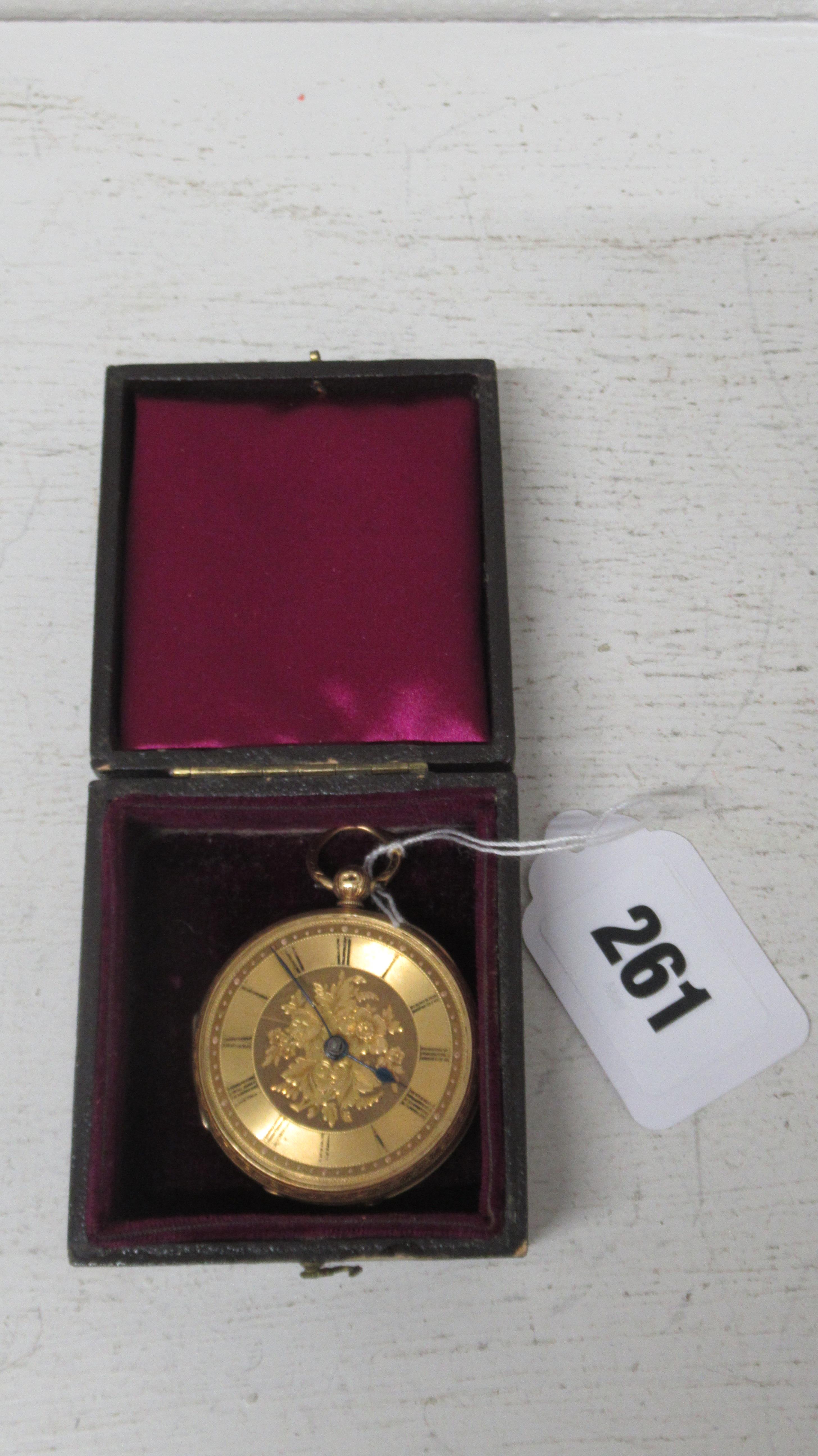 A hallmarked 18ct yellow gold verge open face fob watch finely chased case, 42mm, not currently