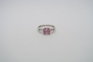 An Art Deco style 14ct white gold pink Topaz ring, head size approx 17mm x 7mm, size N/O