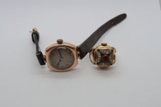 A 1920/30's hallmarked 9ct cased wristwatch, case 22mm, working in saleroom together with a gold