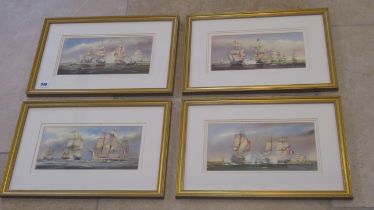 A set of four Trafalgar prints signed K W Burton - 45cm x 30cm