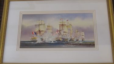 A set of four Trafalgar prints signed K W Burton - Three are 45cm x 30cm and one 57cm x 39cm