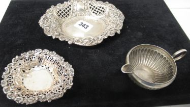 Two silver dishes 1891 and 1896 and a wine taster or cream jug - Mappin & Webb 1867 - total weight