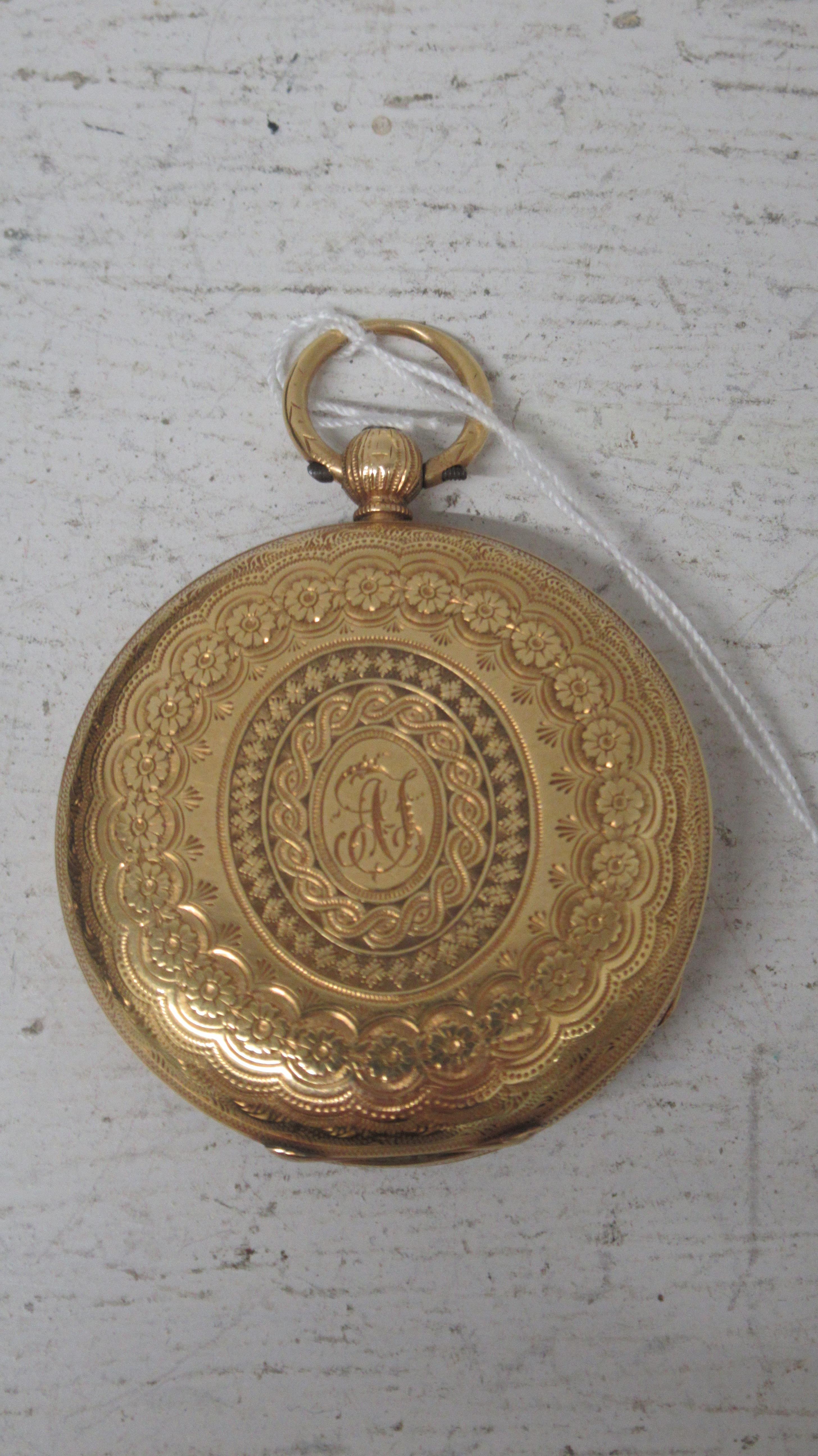 A hallmarked 18ct yellow gold verge open face fob watch finely chased case, 42mm, not currently - Image 2 of 4