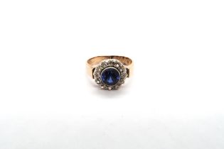 An approx 9ct (tested) synthetic sapphire and old cut diamond cluster ring - head approx 12mm - ring