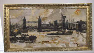 A view of The Thames with Tower Bridge, palette knife oil on canvas, signed and dated 1967,