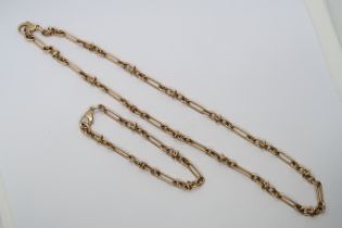 A hallmarked 9ct yellow gold trombone link chain and bracelet, chain 45cm, bracelet 18cm, total