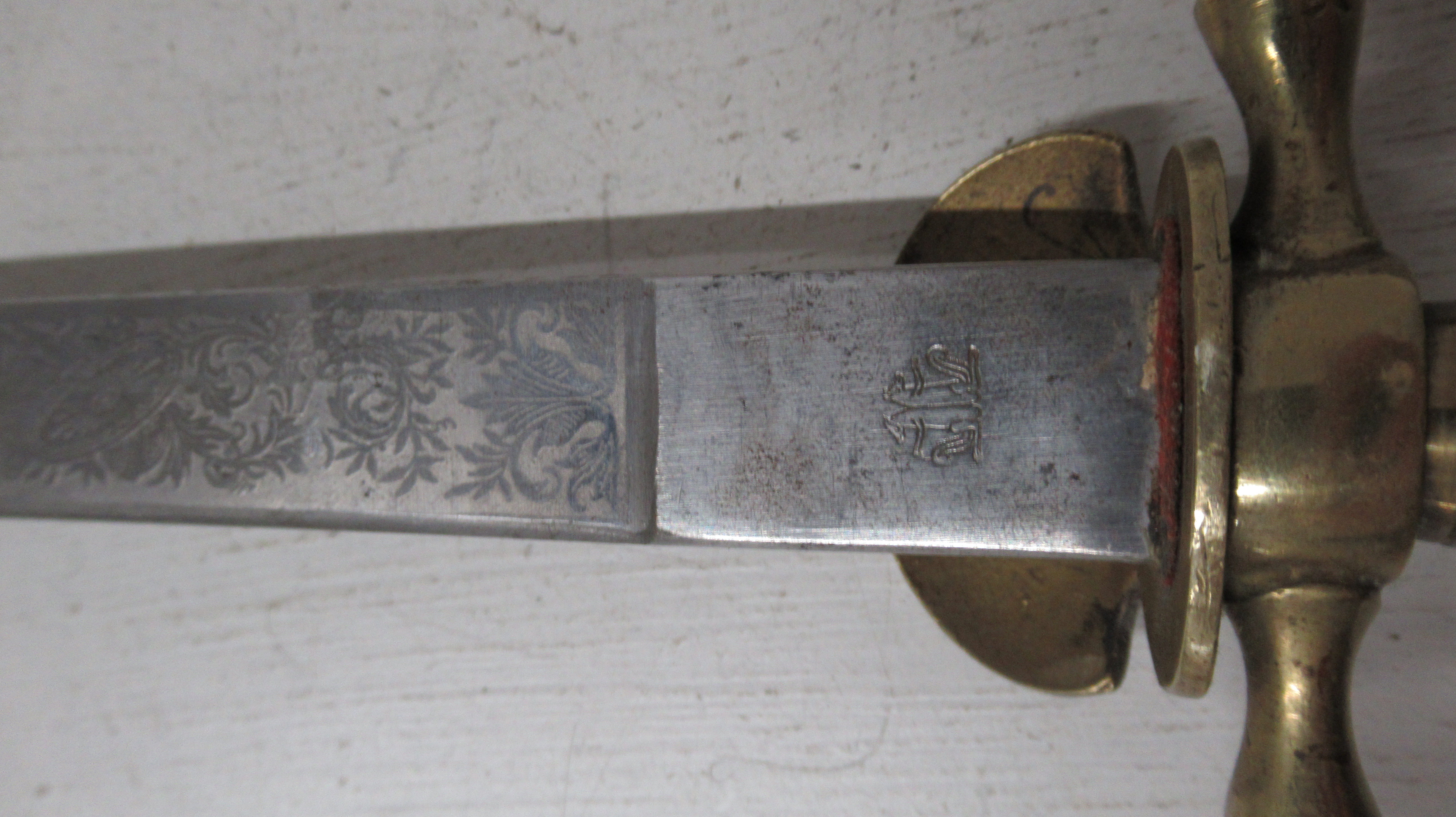 A 19th century German hunting sword with antler grip and brass mounts and etched blade, 49cm, in - Image 3 of 3