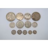 GB Sterling silver coins including a Victorian 1878 half crown, total weight approx 1.4 troy oz