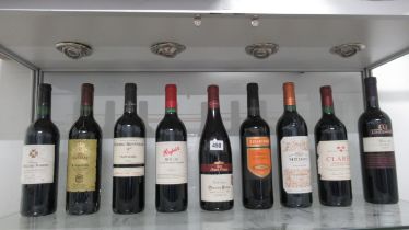 Nine bottles of red wine including Cotes du Rhone, Rioja, Claret