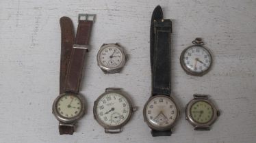 Five silver cased wristwatches and a fob watch including Waltham, Benson, Croton for repair