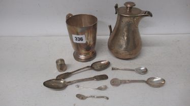 Silver items: Pot, cup, spoons and pepper pot, approx 20 troy oz