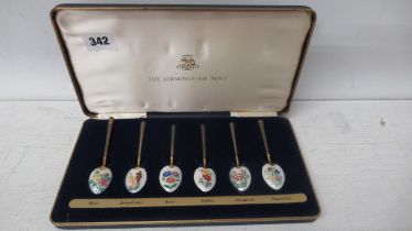 A boxed set of six Birmingham silver gilt and enamel spoons - approx weight 2.4 troy oz