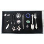 Silver items including Christening set, 6 brooches, pair of earrings, sugar nips, fruit knife,