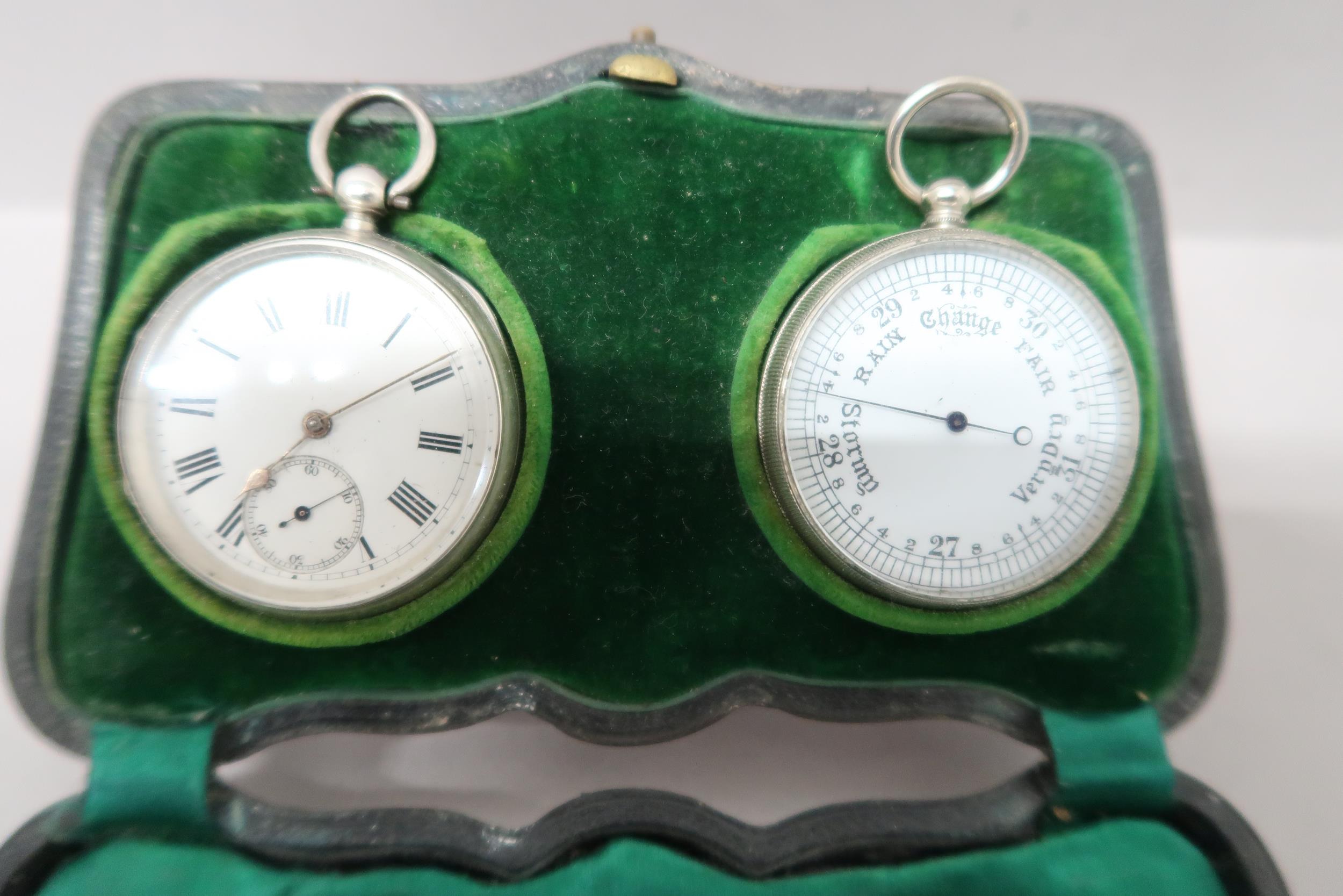 A silver hallmarked desk clock, thermometer, mercury and barometer all held in silver desk stand - - Image 2 of 3