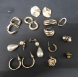 Six pairs of 9ct yellow gold earrings, and a pair of pearl drop earrings, total weight approx 25