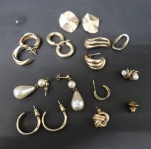 Six pairs of 9ct yellow gold earrings, and a pair of pearl drop earrings, total weight approx 25