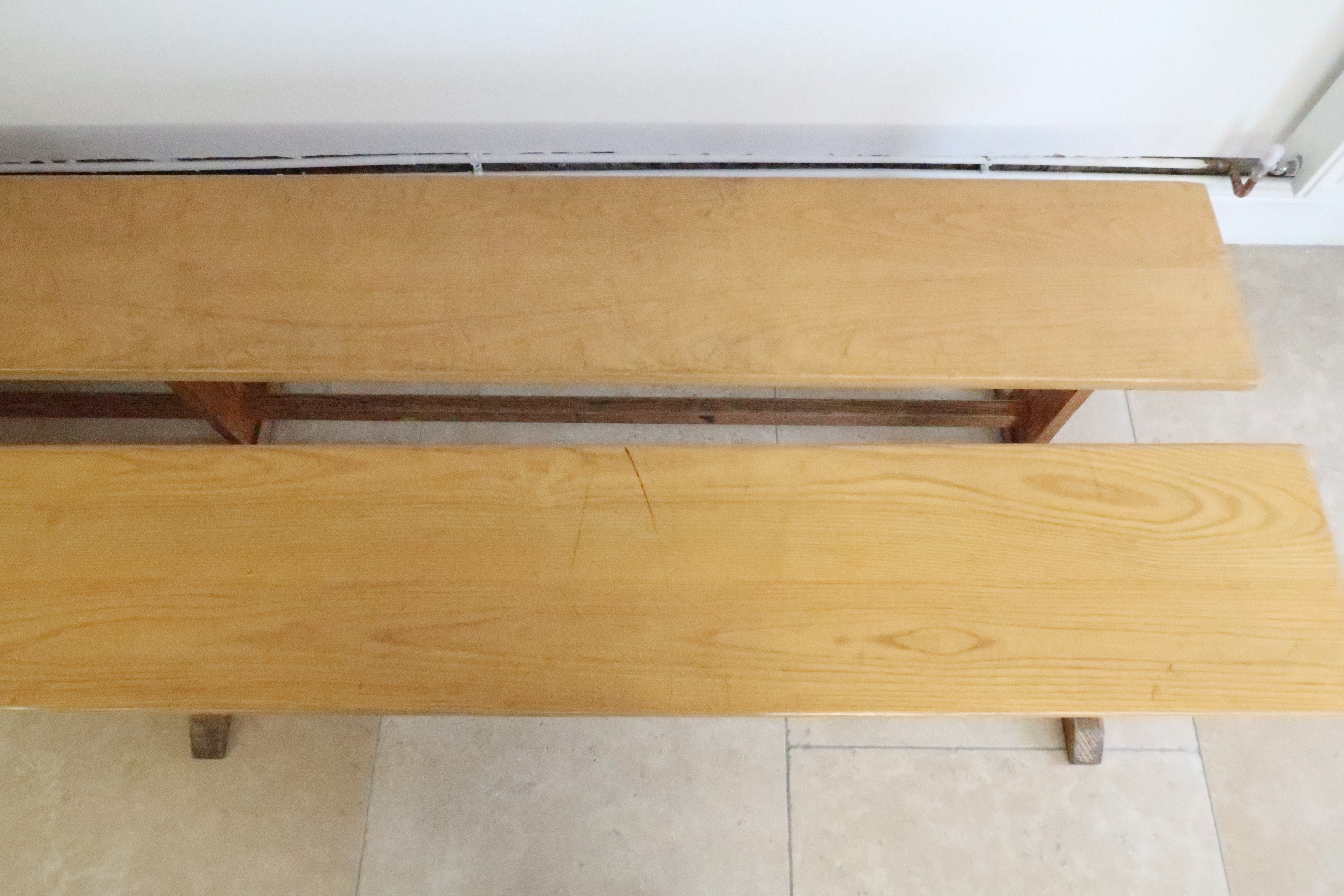 A pair of oak benches - Length 280cm x Height 47cm - removed from a local private school dining hall - Image 4 of 4