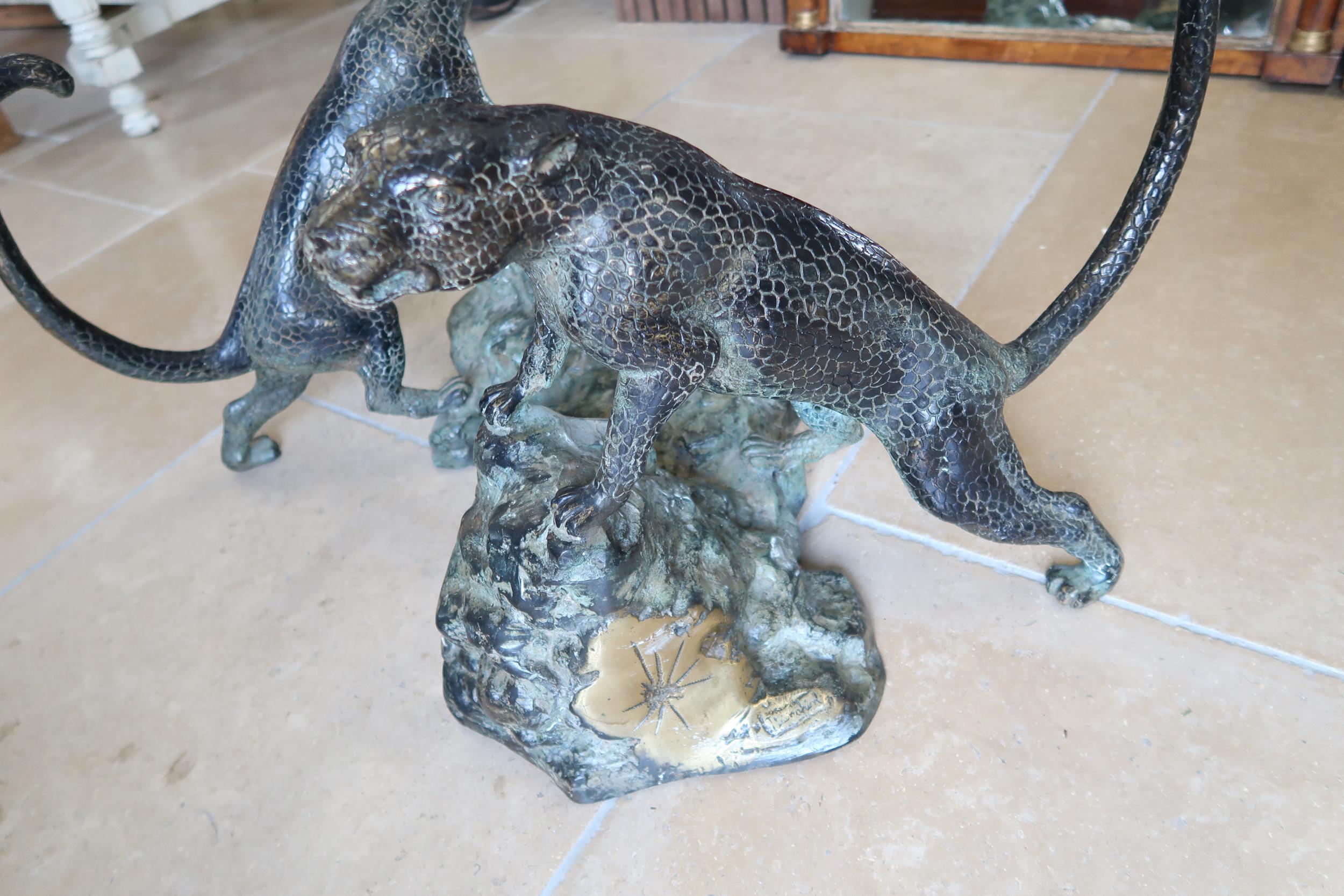 A large bronze sculpture of opposing Jaguars climbing tree stump, signature to one corner - Height - Image 4 of 6