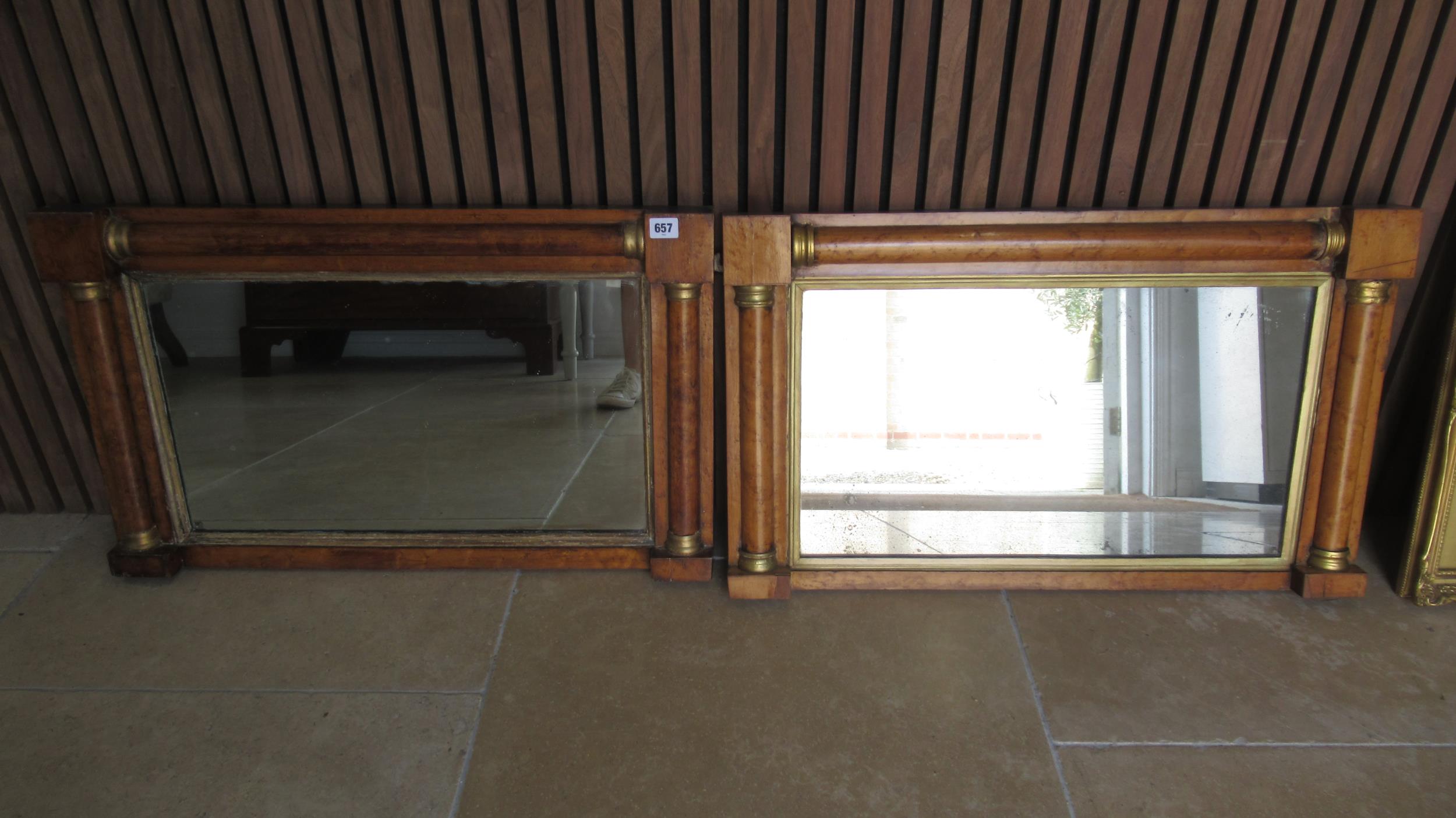 A pair of burr walnut and gilt highlighted overmantle mirrors in the Regency style - 56cm x 32cm