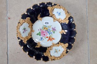 A Meissen blue and gold dish in good condition, 30cm diameter