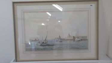 Richard Joicey, signed watercolour of Portsmouth harbour, framed and glazed, 61cm x 38cm