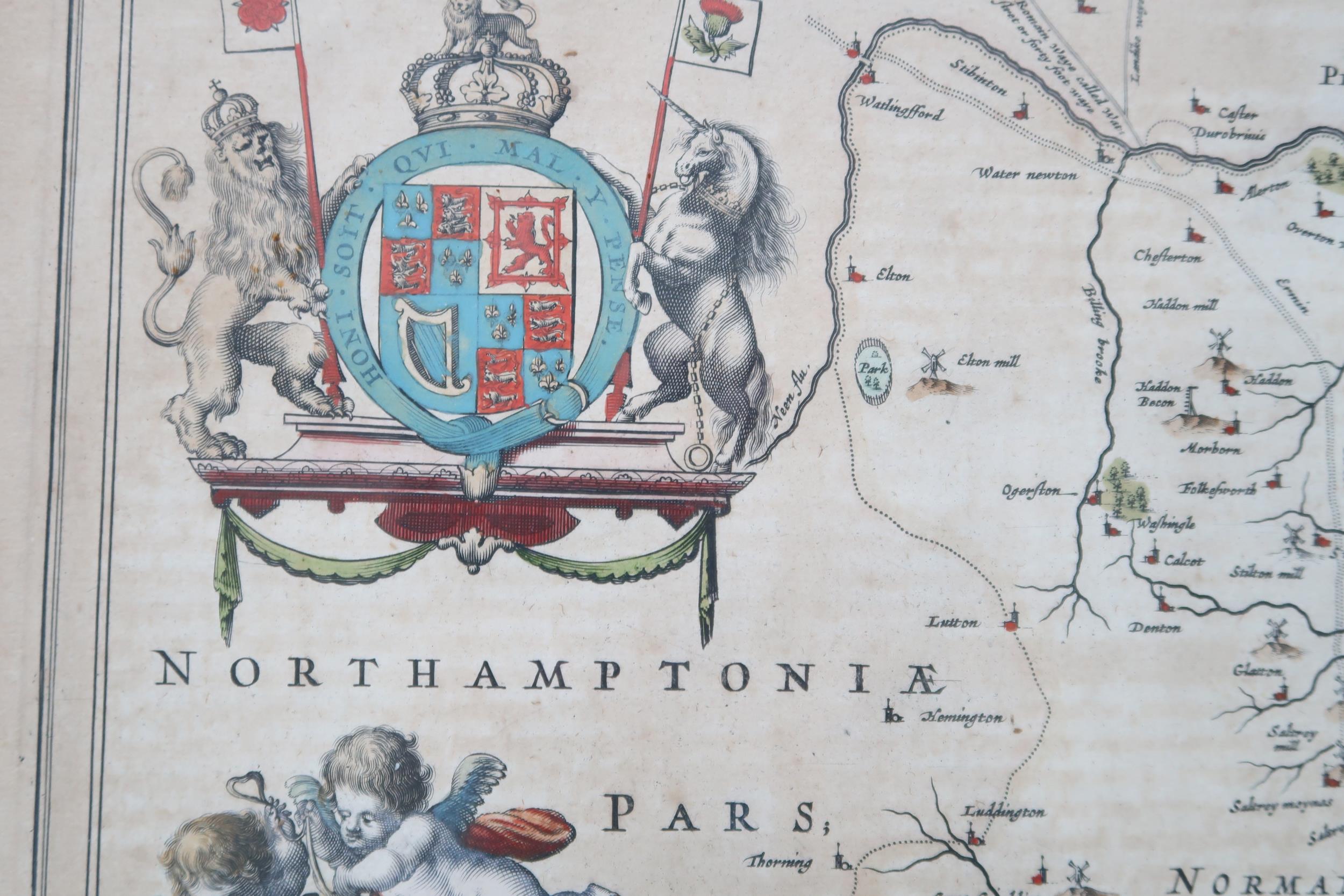 A framed map of Huntingdonshire by Blaeu - double sided - 53cm x 44cm - 1647 - Image 3 of 5