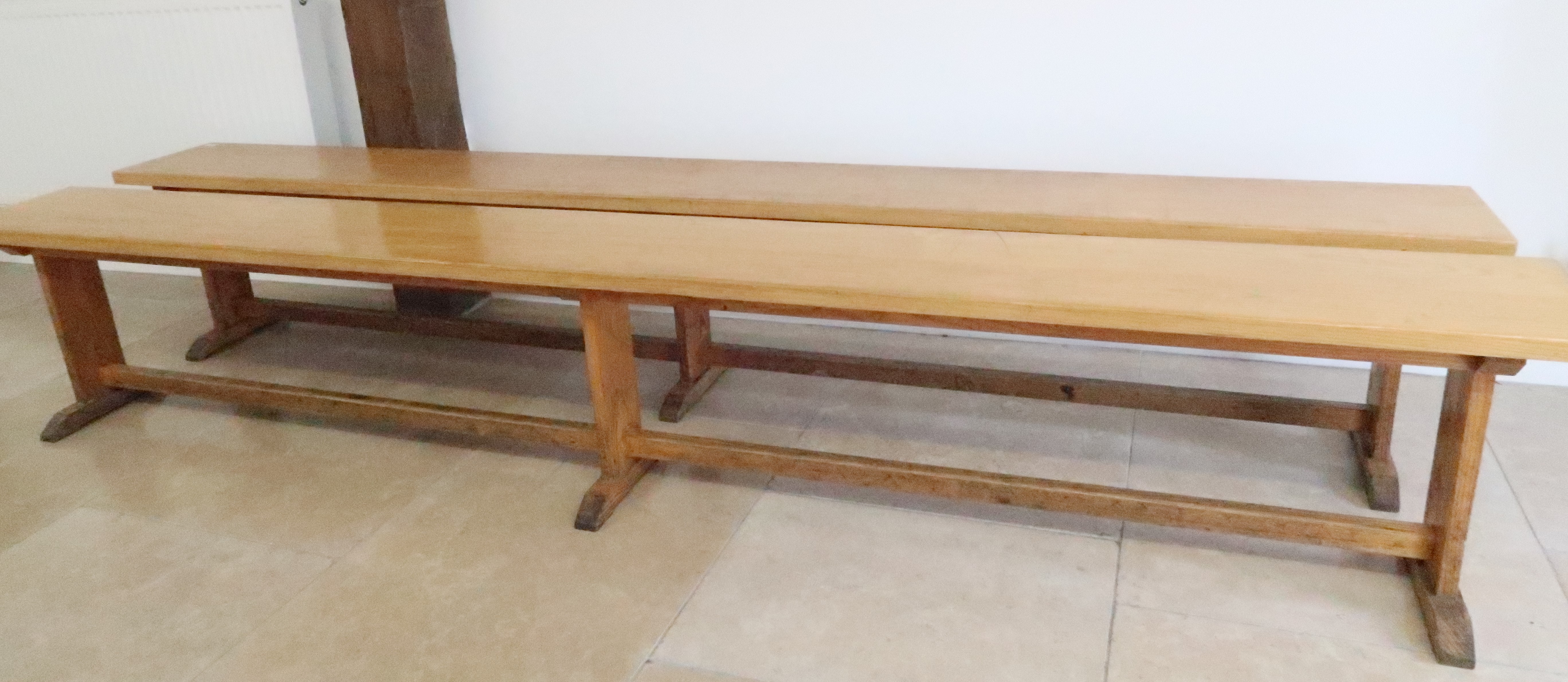 A pair of oak benches - Length 280cm x Height 47cm - removed from a local private school dining hall - Image 2 of 4